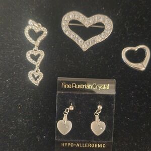 Austrian Crystal Heart Pendant Pin Earrings Set Sparkling Rhinestone Love Charm